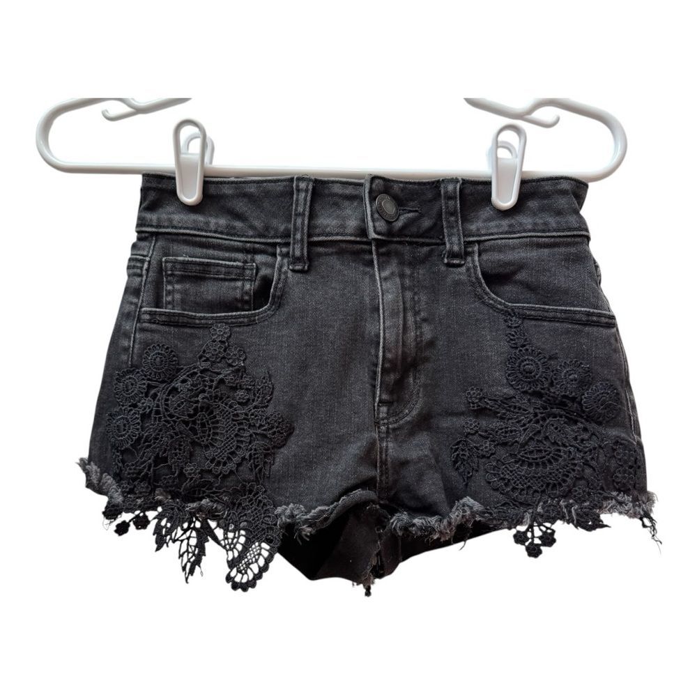 American‎ Eagle Black Y2K Denim Shorts Lace Detail Frayed Hem